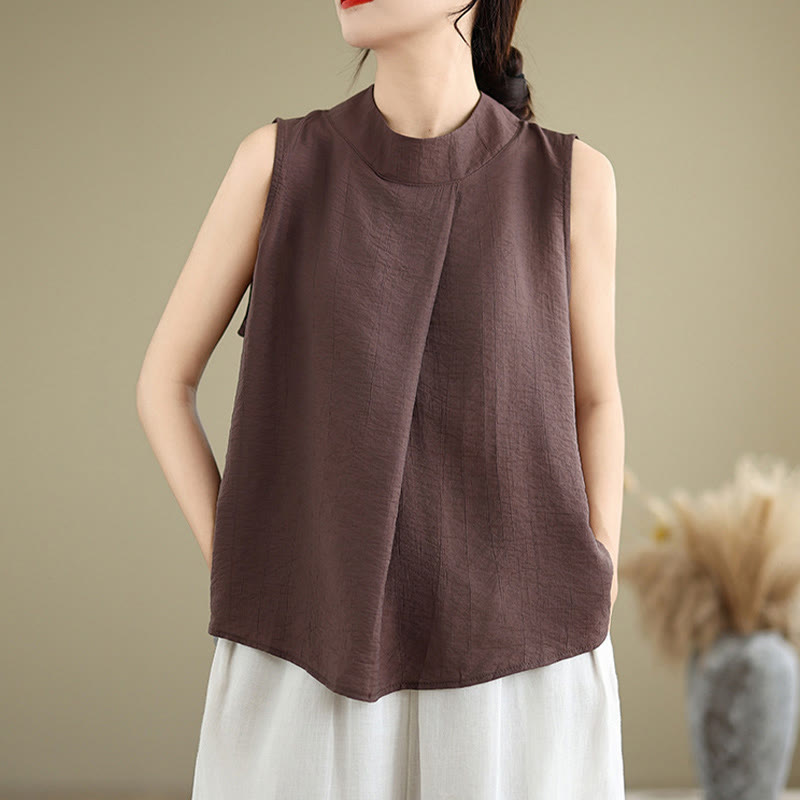 Nimara Ritual Casual Plain Back Buttom Design Stand Collar Cotton Linen Women's Sleeveless Vest