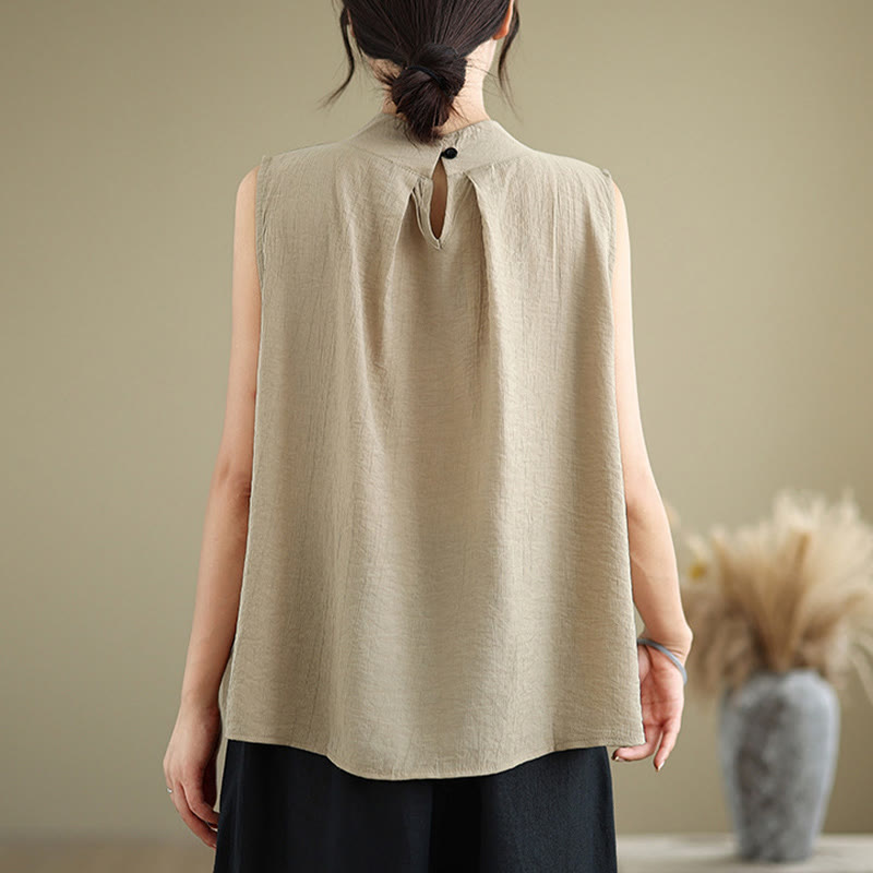 Nimara Ritual Casual Plain Back Buttom Design Stand Collar Cotton Linen Women's Sleeveless Vest