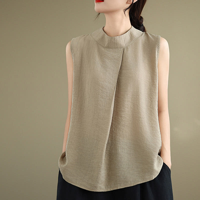 Nimara Ritual Casual Plain Back Buttom Design Stand Collar Cotton Linen Women's Sleeveless Vest