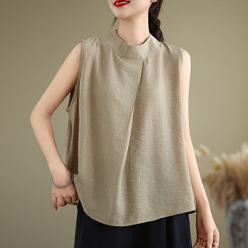 Nimara Ritual Casual Plain Back Buttom Design Stand Collar Cotton Linen Women's Sleeveless Vest