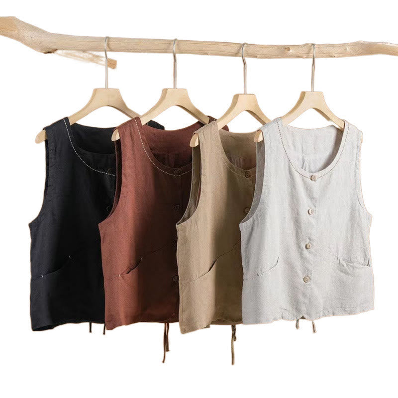 Nimara Ritual Single Breasted Sleeveless Design Cotton Linen Women's Vest WIth Pockets