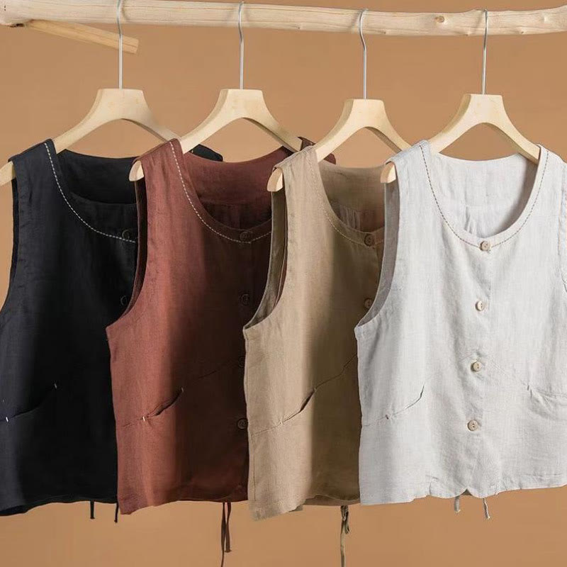 Nimara Ritual Single Breasted Sleeveless Design Cotton Linen Women's Vest WIth Pockets