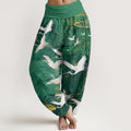 Nimara Ritual Cotton Flying White Cranes Auspicious Clouds Design Women's Elastic Waist Harem Pants