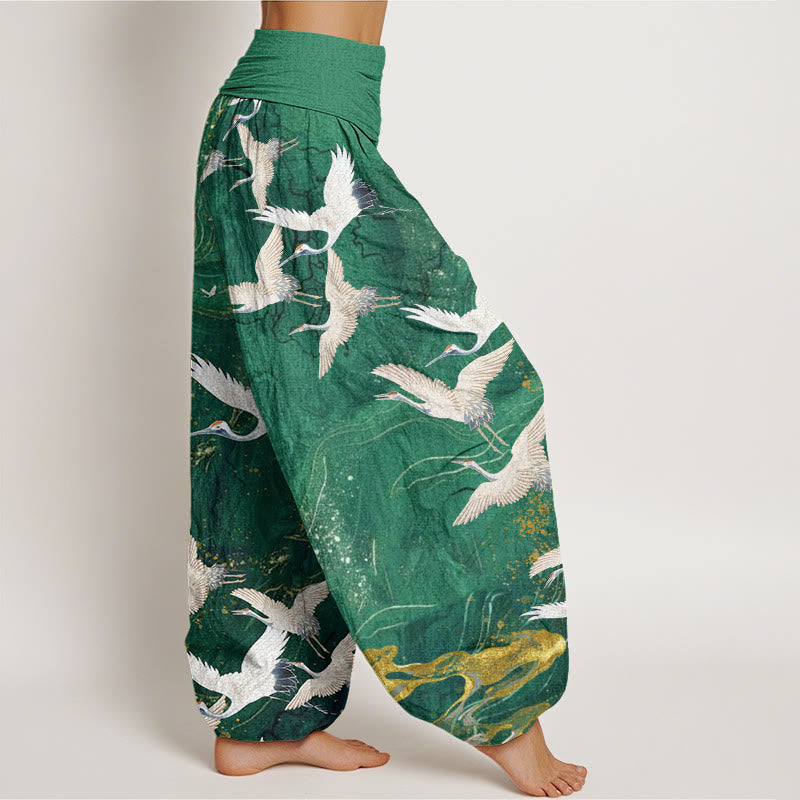 Nimara Ritual Cotton Flying White Cranes Auspicious Clouds Design Women's Elastic Waist Harem Pants