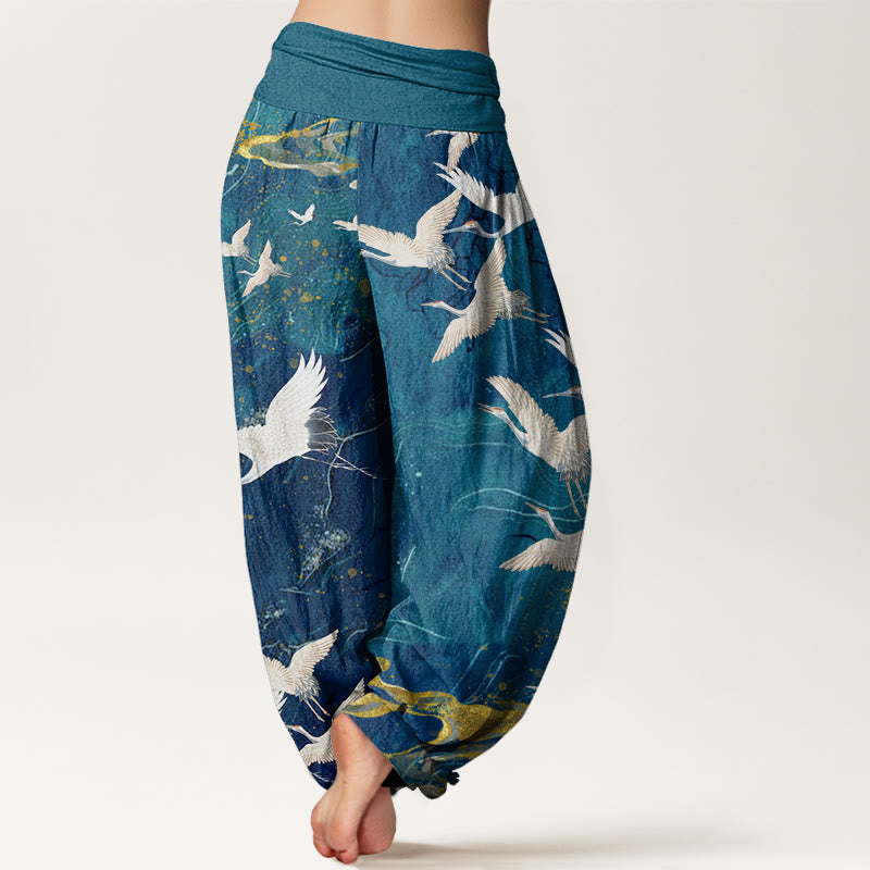 Nimara Ritual Cotton Flying White Cranes Auspicious Clouds Design Women's Elastic Waist Harem Pants