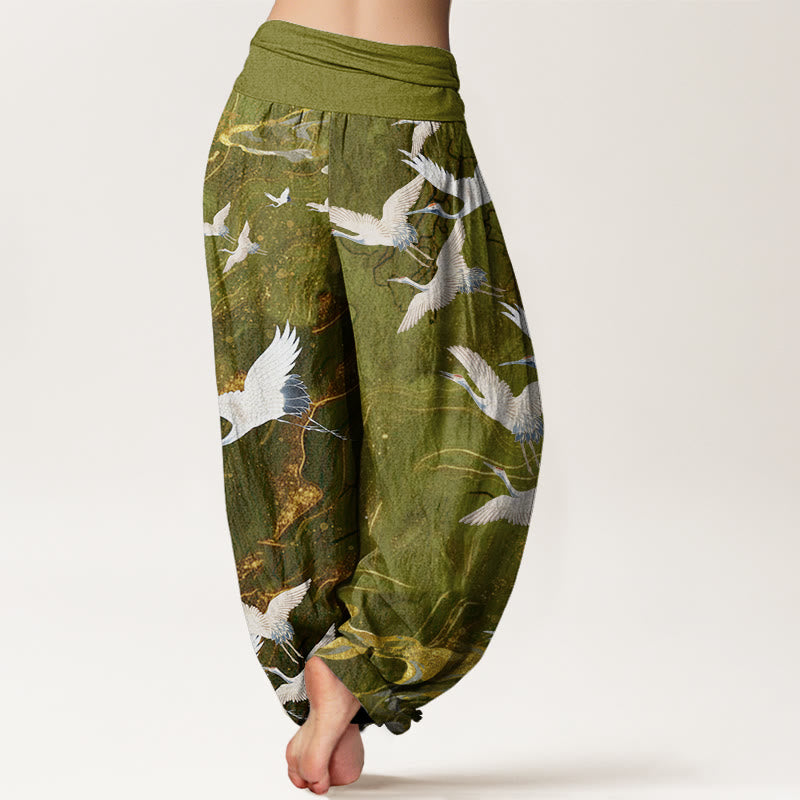Nimara Ritual Cotton Flying White Cranes Auspicious Clouds Design Women's Elastic Waist Harem Pants