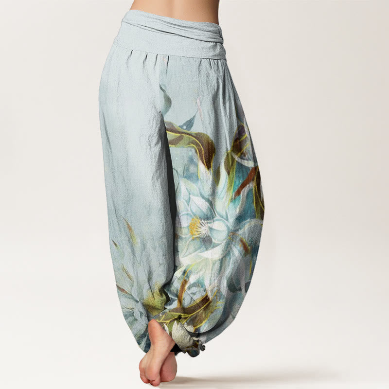 Nimara Ritual Cotton Epiphyllum Flowers Design Women's Elastic Waist Harem Pants