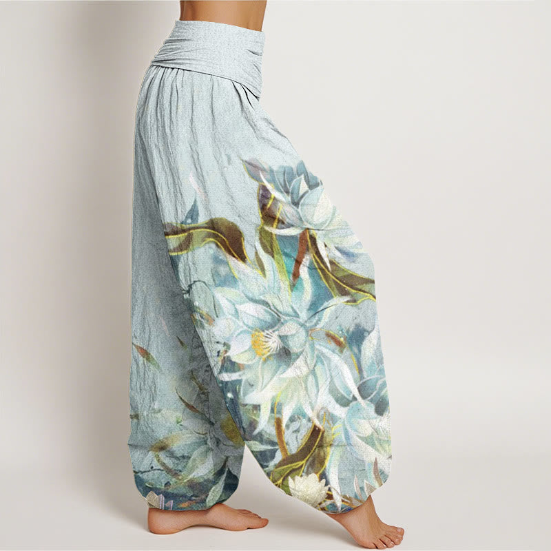 Nimara Ritual Cotton Epiphyllum Flowers Design Women's Elastic Waist Harem Pants