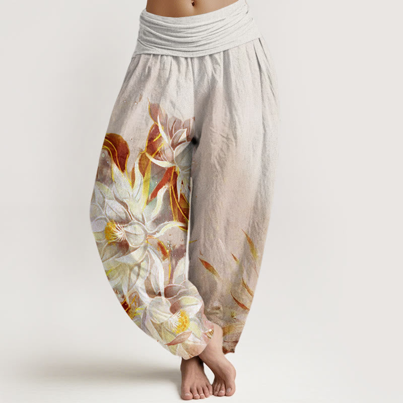 Nimara Ritual Cotton Epiphyllum Flowers Design Women's Elastic Waist Harem Pants