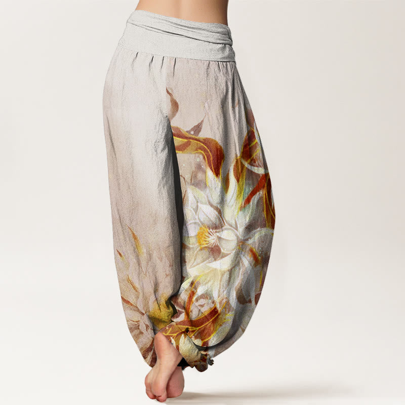 Nimara Ritual Cotton Epiphyllum Flowers Design Women's Elastic Waist Harem Pants