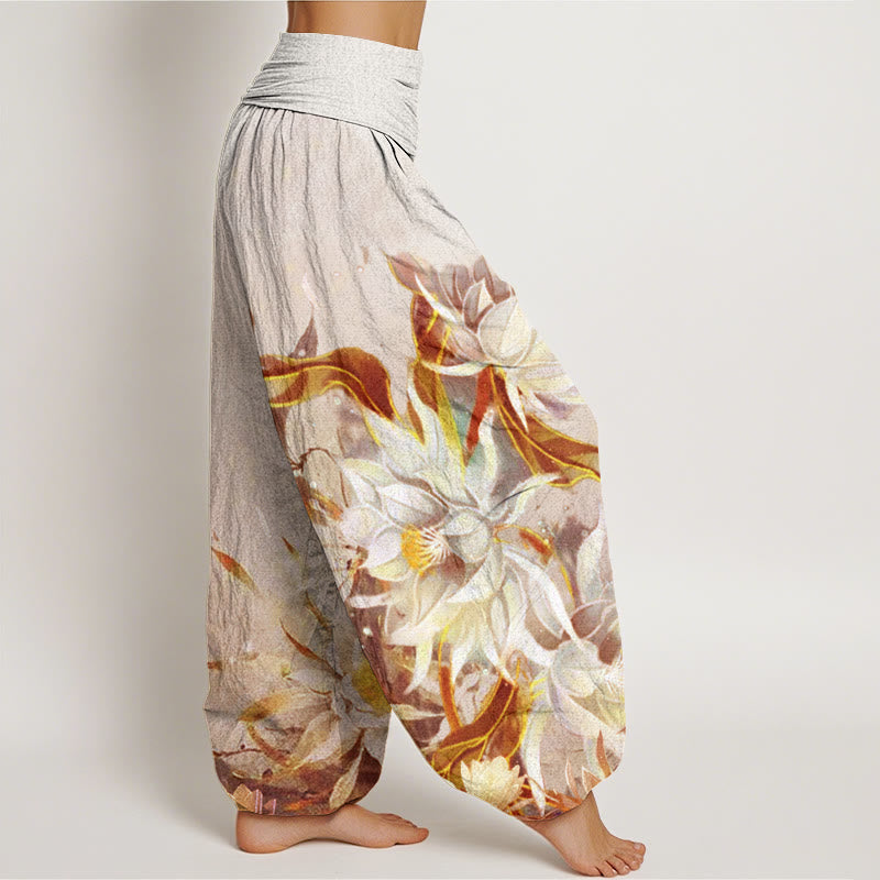 Nimara Ritual Cotton Epiphyllum Flowers Design Women's Elastic Waist Harem Pants