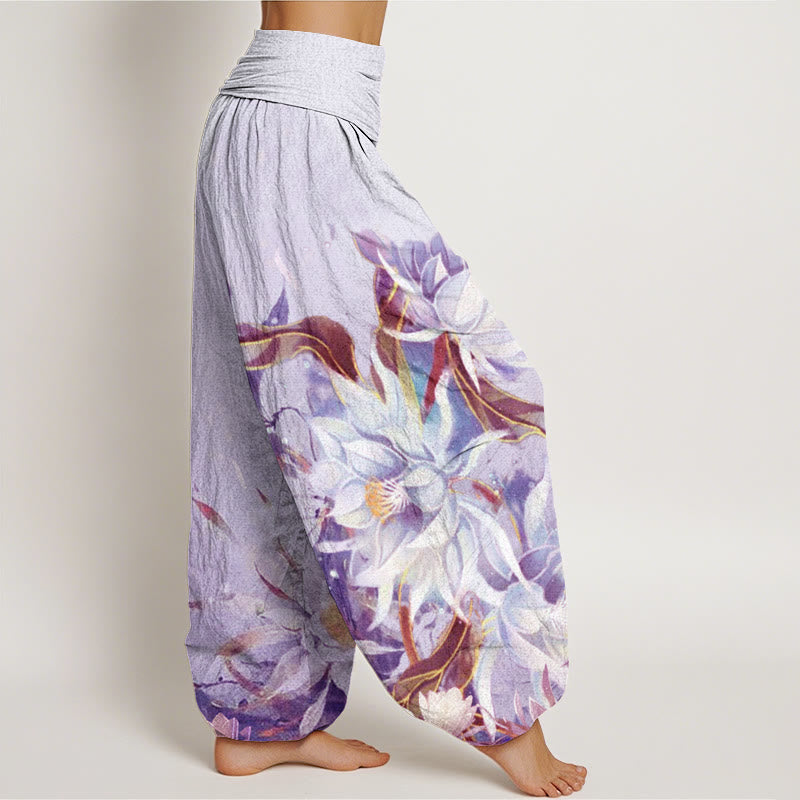 Nimara Ritual Cotton Epiphyllum Flowers Design Women's Elastic Waist Harem Pants