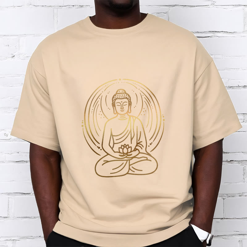 Nimara Ritual Golden Meditation Buddha Halo Holding A Lotus Flower Tee T-shirt