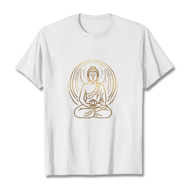 Nimara Ritual Golden Meditation Buddha Halo Holding A Lotus Flower Tee T-shirt