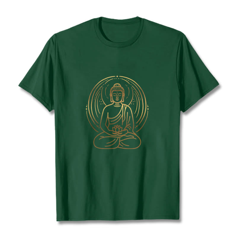 Nimara Ritual Golden Meditation Buddha Halo Holding A Lotus Flower Tee T-shirt