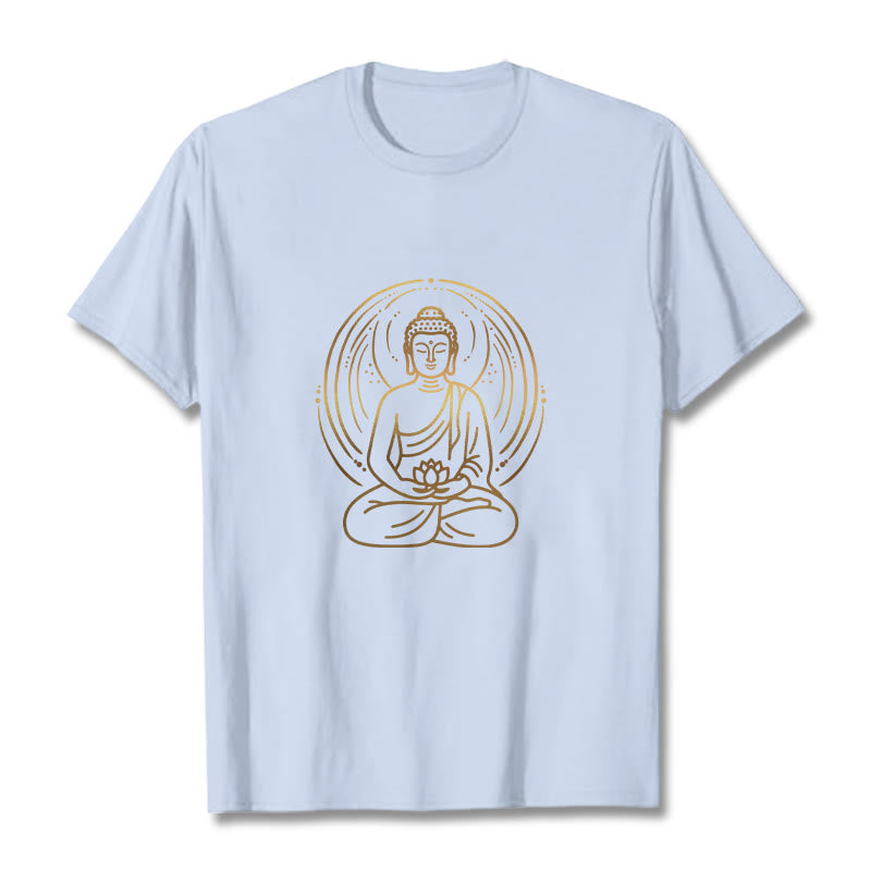 Nimara Ritual Golden Meditation Buddha Halo Holding A Lotus Flower Tee T-shirt