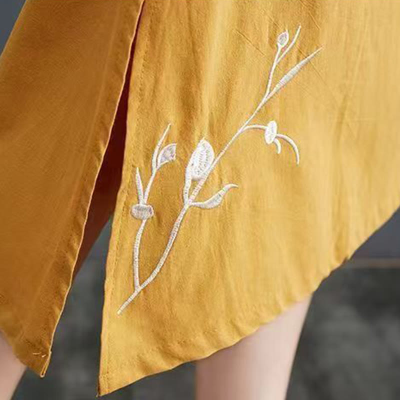 Nimara Ritual Summer Printing Phoenix Pattern Short Sleeve Cotton Linen Midi Dress