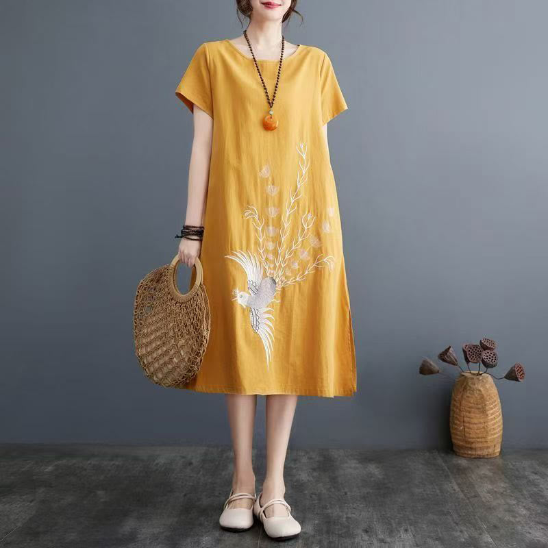 Nimara Ritual Summer Printing Phoenix Pattern Short Sleeve Cotton Linen Midi Dress