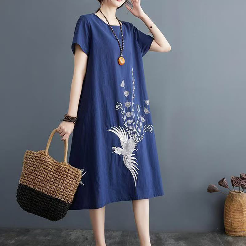 Nimara Ritual Summer Printing Phoenix Pattern Short Sleeve Cotton Linen Midi Dress