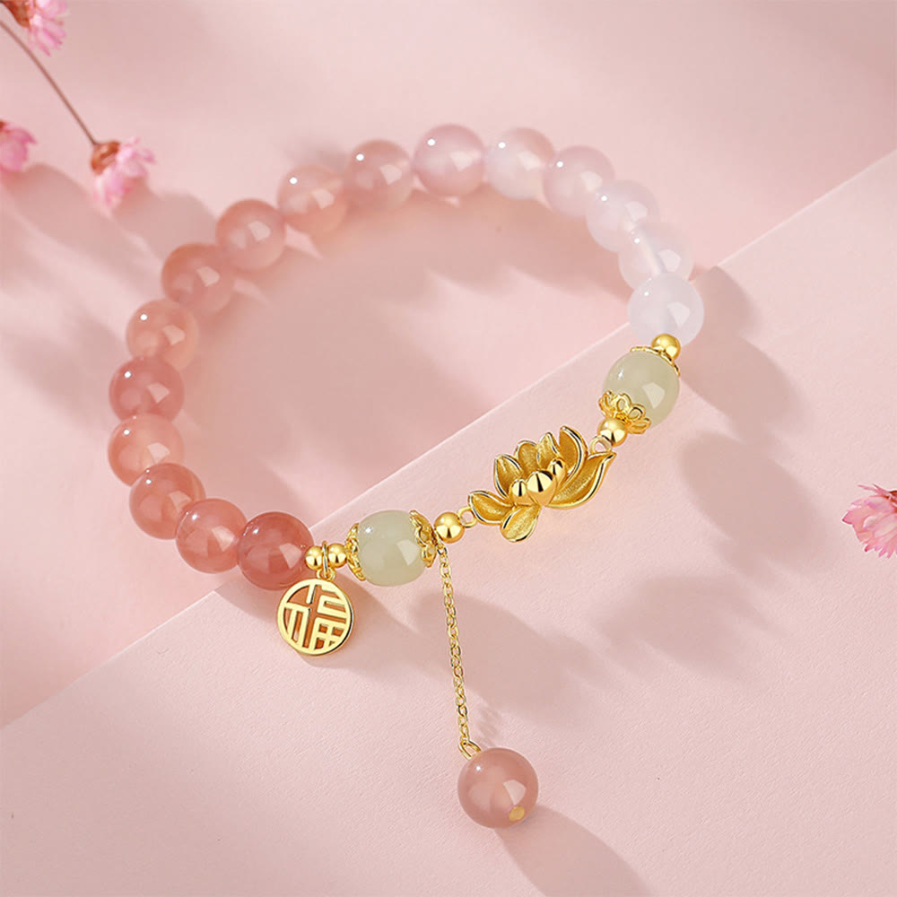 Nimara Ritual 925 Sterling Silver Natural Gradient Agate Hetian Jade Lotus Fu Character Enlightenment Bracelet