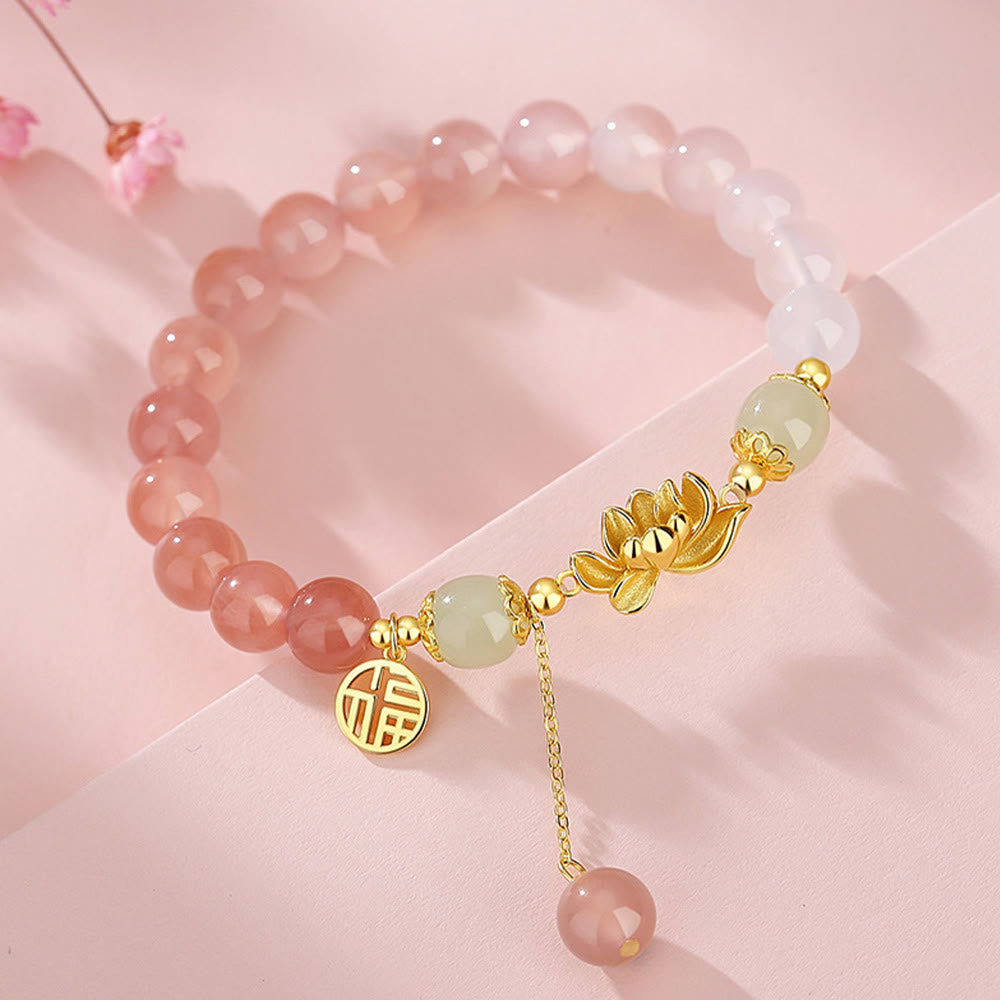 Nimara Ritual 925 Sterling Silver Natural Gradient Agate Hetian Jade Lotus Fu Character Enlightenment Bracelet
