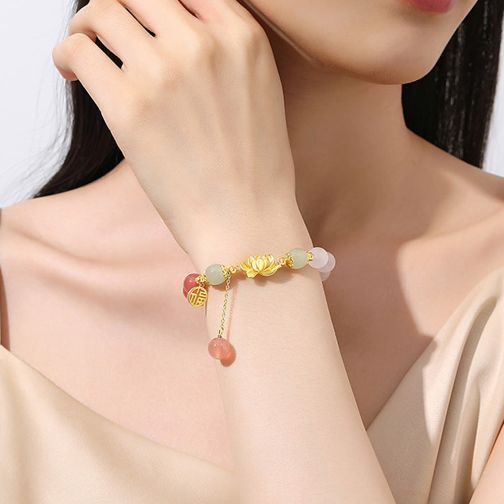 Nimara Ritual 925 Sterling Silver Natural Gradient Agate Hetian Jade Lotus Fu Character Enlightenment Bracelet