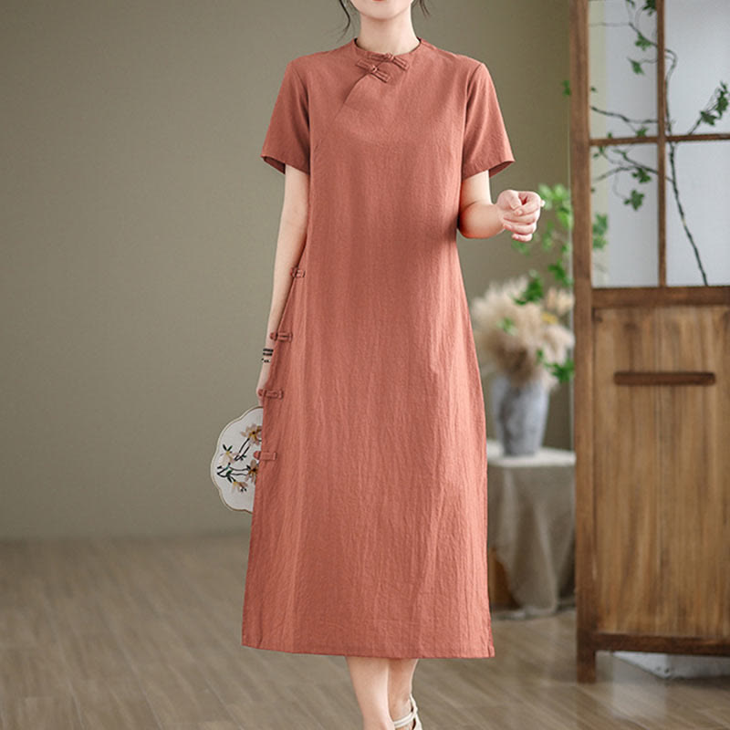 Nimara Ritual Summer Vintage Pure Color Chinese Frog-Button Cheongsam Qipao Midi Dress
