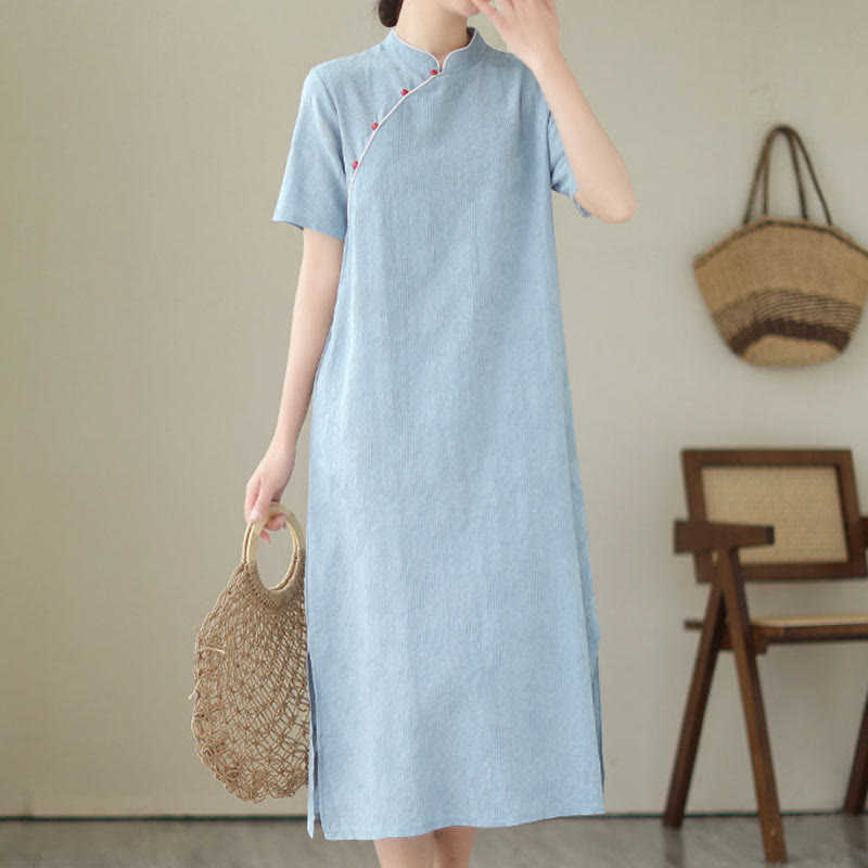 Nimara Ritual Jacquard Solid Color Cotton Linen Short Sleeve Cheongsam Qipao Midi Dress With Pockets