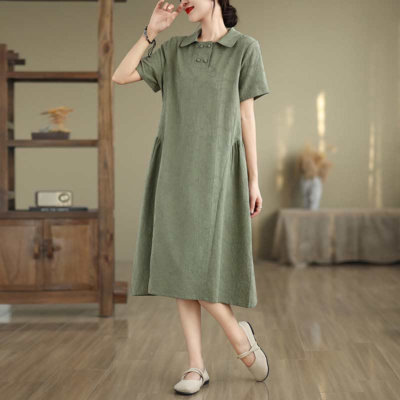 Nimara Ritual Plain Jacquard Lapel Cotton Linen Short Sleeve Midi Dress With Pockets