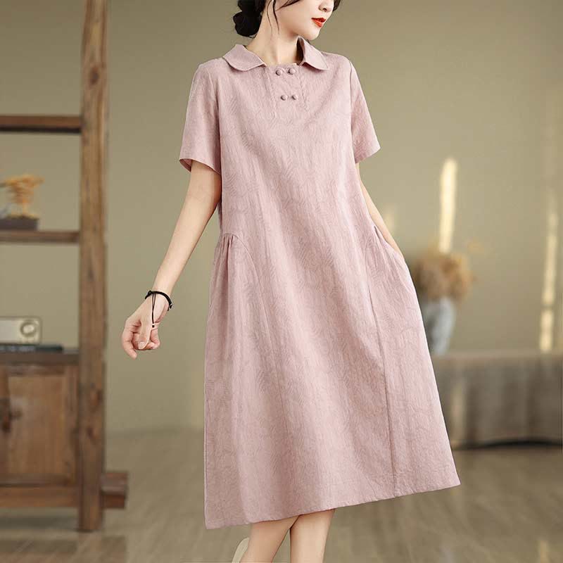 Nimara Ritual Plain Jacquard Lapel Cotton Linen Short Sleeve Midi Dress With Pockets