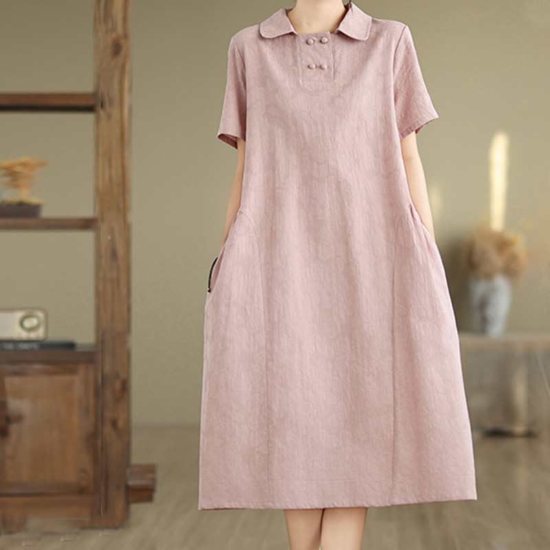 Nimara Ritual Plain Jacquard Lapel Cotton Linen Short Sleeve Midi Dress With Pockets