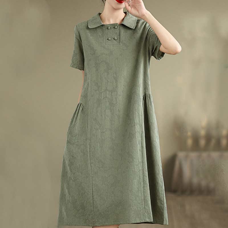 Nimara Ritual Plain Jacquard Lapel Cotton Linen Short Sleeve Midi Dress With Pockets