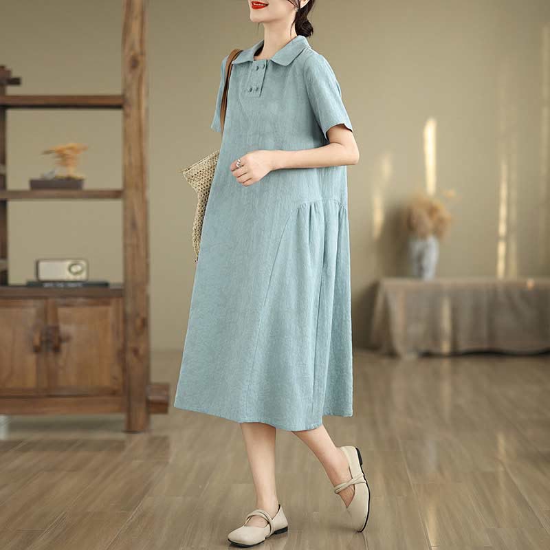 Nimara Ritual Plain Jacquard Lapel Cotton Linen Short Sleeve Midi Dress With Pockets