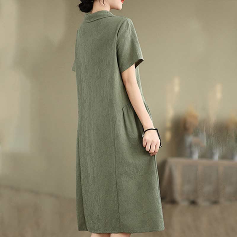 Nimara Ritual Plain Jacquard Lapel Cotton Linen Short Sleeve Midi Dress With Pockets