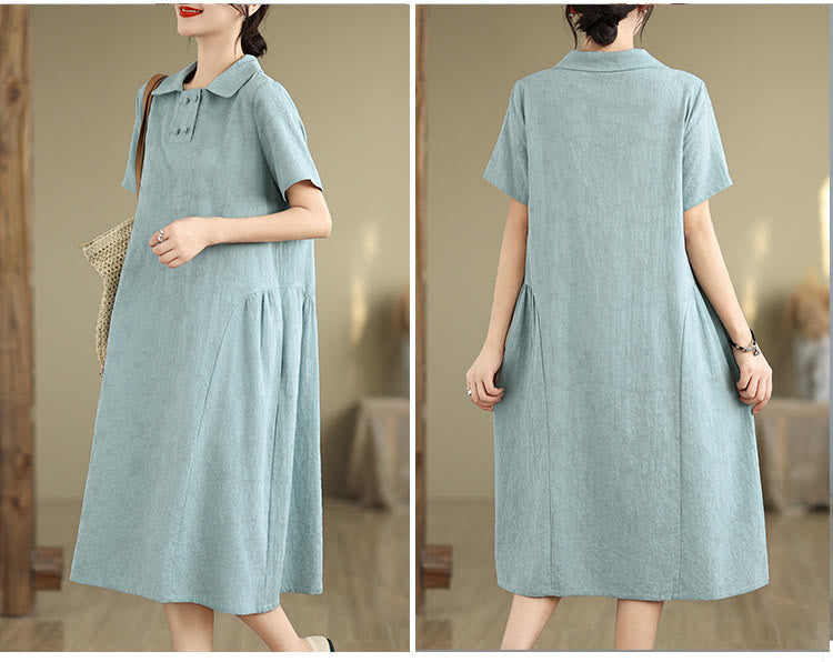 Nimara Ritual Plain Jacquard Lapel Cotton Linen Short Sleeve Midi Dress With Pockets