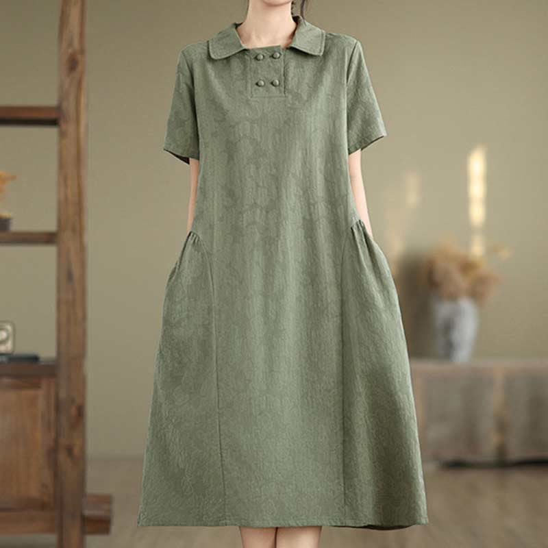 Nimara Ritual Plain Jacquard Lapel Cotton Linen Short Sleeve Midi Dress With Pockets