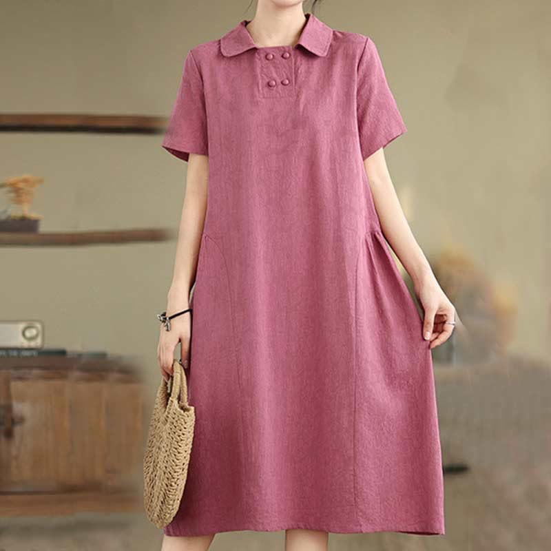 Nimara Ritual Plain Jacquard Lapel Cotton Linen Short Sleeve Midi Dress With Pockets