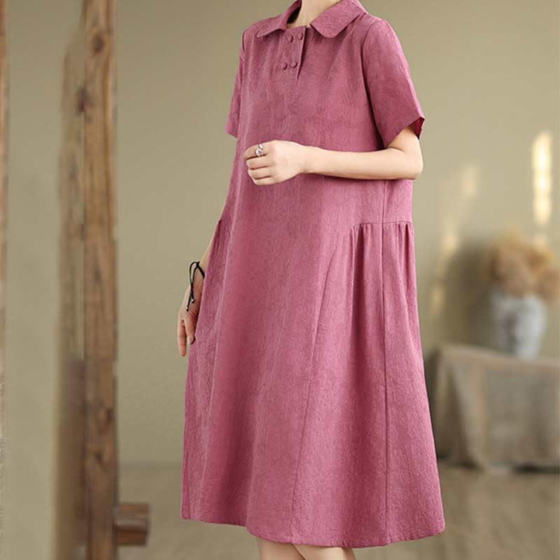 Nimara Ritual Plain Jacquard Lapel Cotton Linen Short Sleeve Midi Dress With Pockets