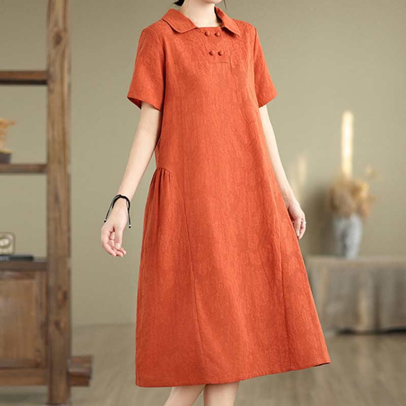Nimara Ritual Plain Jacquard Lapel Cotton Linen Short Sleeve Midi Dress With Pockets
