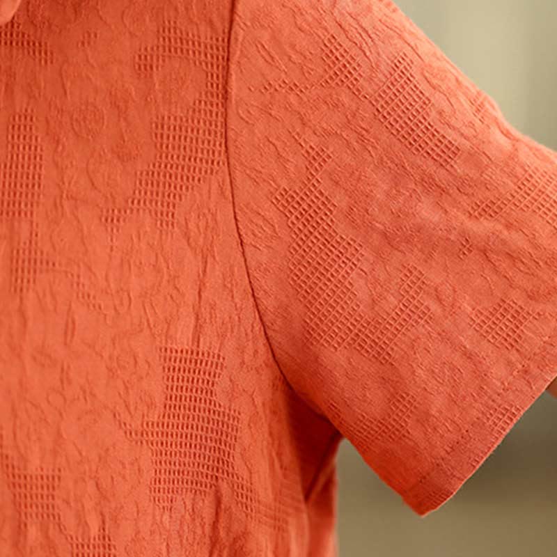 Nimara Ritual Plain Jacquard Lapel Cotton Linen Short Sleeve Midi Dress With Pockets