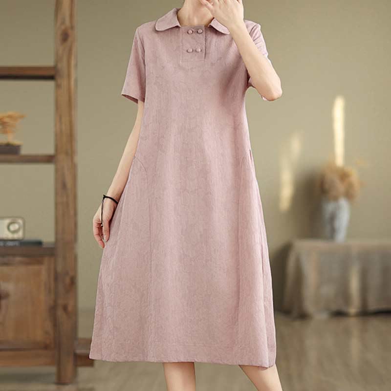 Nimara Ritual Plain Jacquard Lapel Cotton Linen Short Sleeve Midi Dress With Pockets