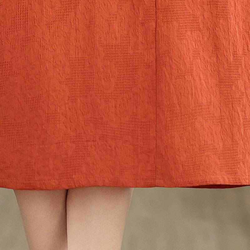Nimara Ritual Plain Jacquard Lapel Cotton Linen Short Sleeve Midi Dress With Pockets