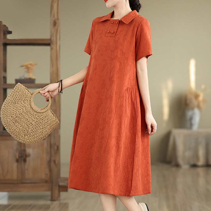 Nimara Ritual Plain Jacquard Lapel Cotton Linen Short Sleeve Midi Dress With Pockets