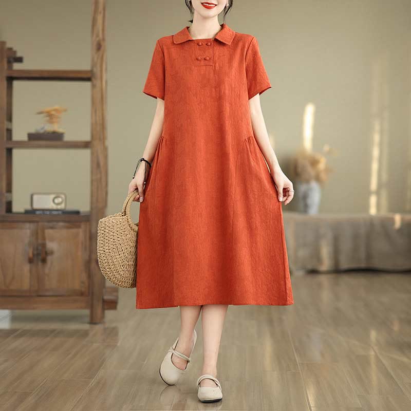 Nimara Ritual Plain Jacquard Lapel Cotton Linen Short Sleeve Midi Dress With Pockets