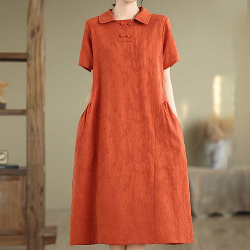Nimara Ritual Plain Jacquard Lapel Cotton Linen Short Sleeve Midi Dress With Pockets