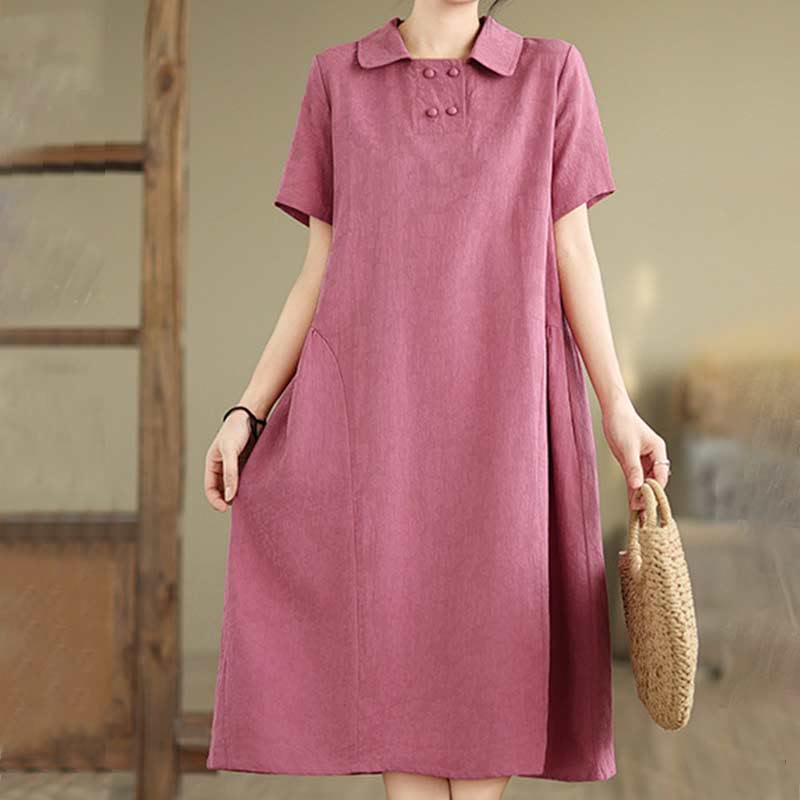 Nimara Ritual Plain Jacquard Lapel Cotton Linen Short Sleeve Midi Dress With Pockets