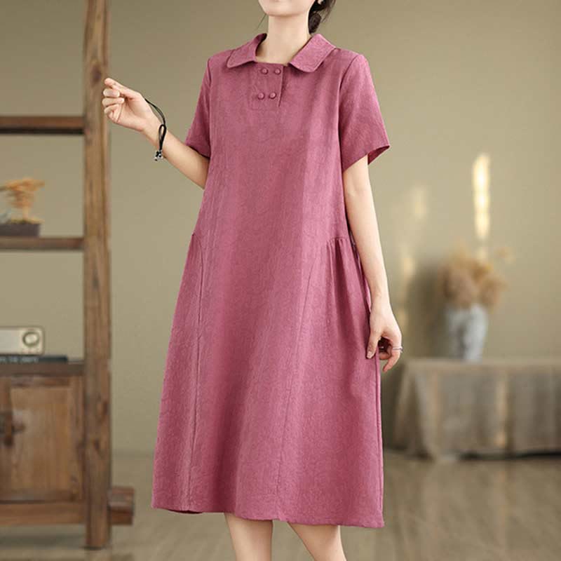 Nimara Ritual Plain Jacquard Lapel Cotton Linen Short Sleeve Midi Dress With Pockets