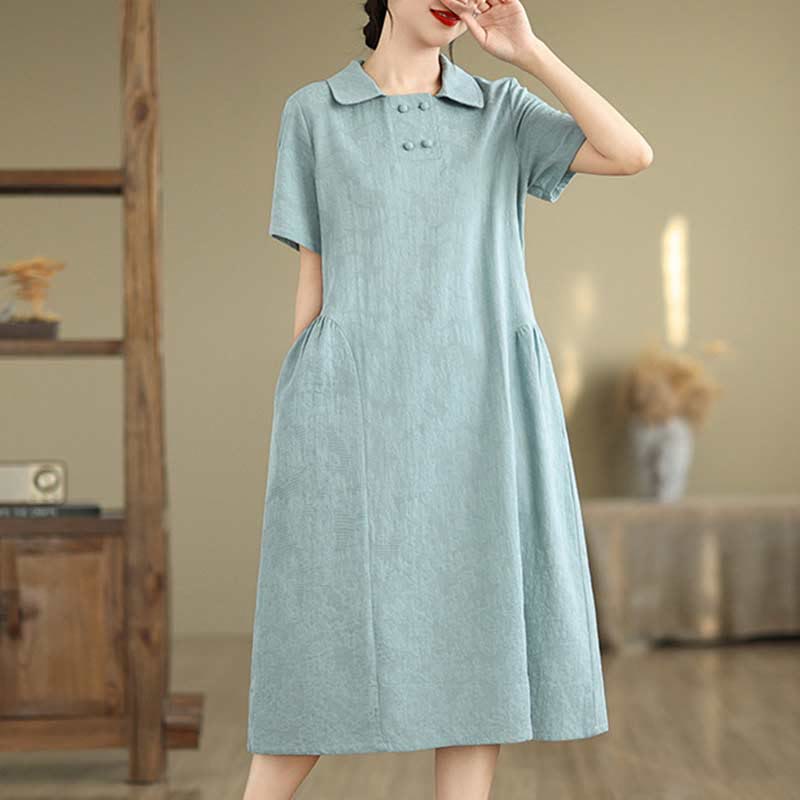 Nimara Ritual Plain Jacquard Lapel Cotton Linen Short Sleeve Midi Dress With Pockets