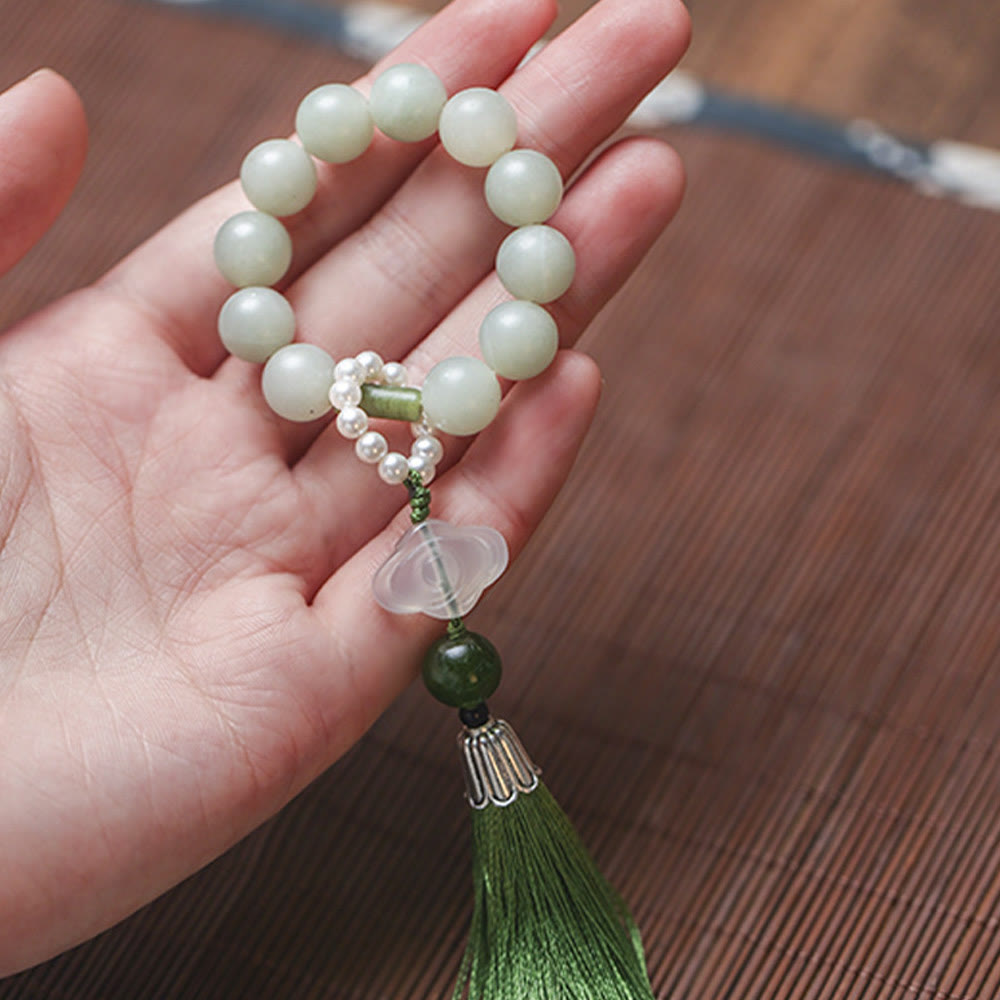 Nimara Ritual Green Jade Beads Pearl Prosperity Tassels Wrist Mala