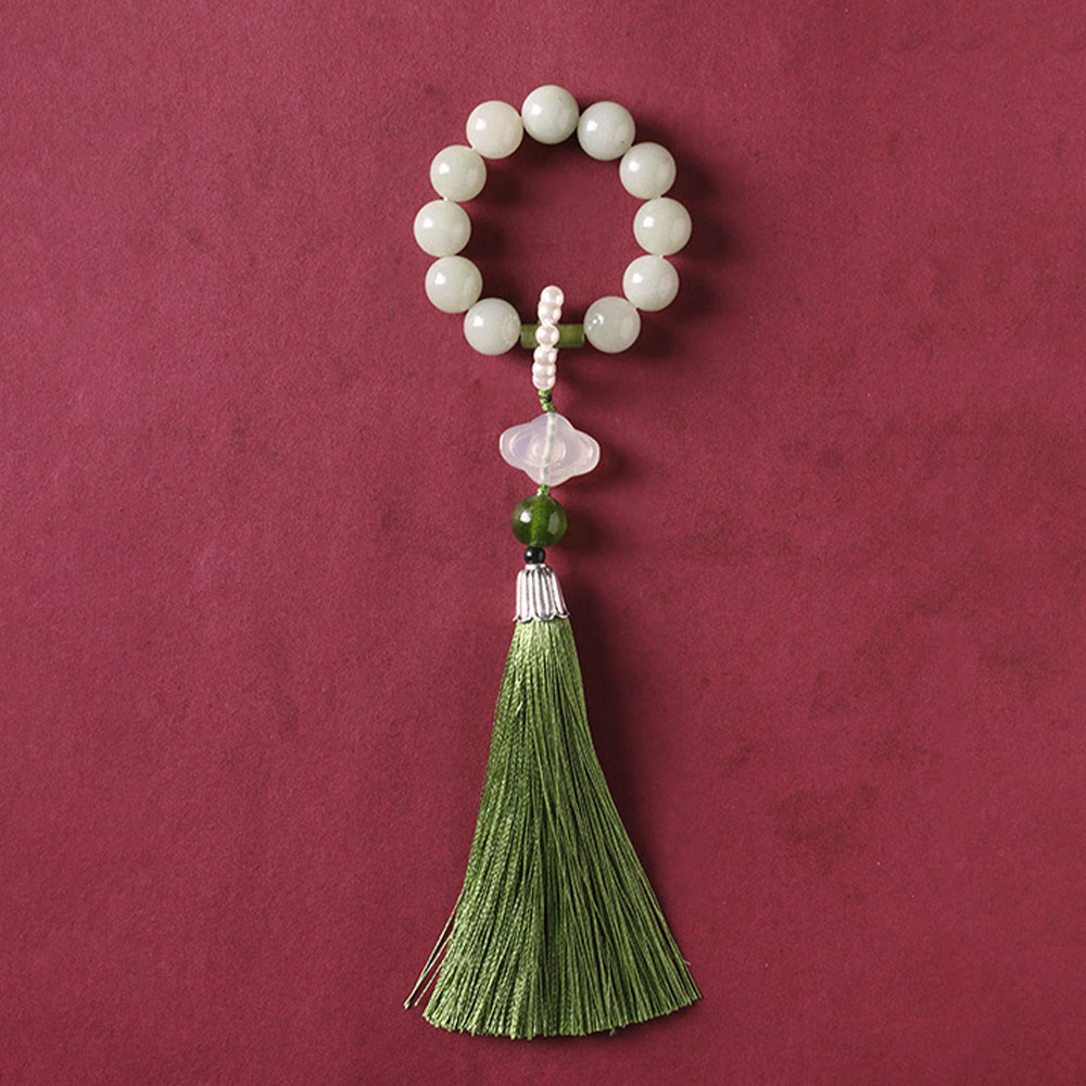 Nimara Ritual Green Jade Beads Pearl Prosperity Tassels Wrist Mala